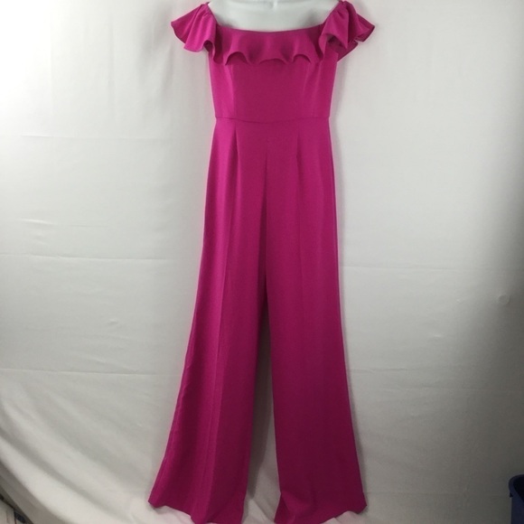 JAYGODFREY Pink Ruffle Off-the-Shoulder Jumpsuit Size 4 - Picture 1 of 8